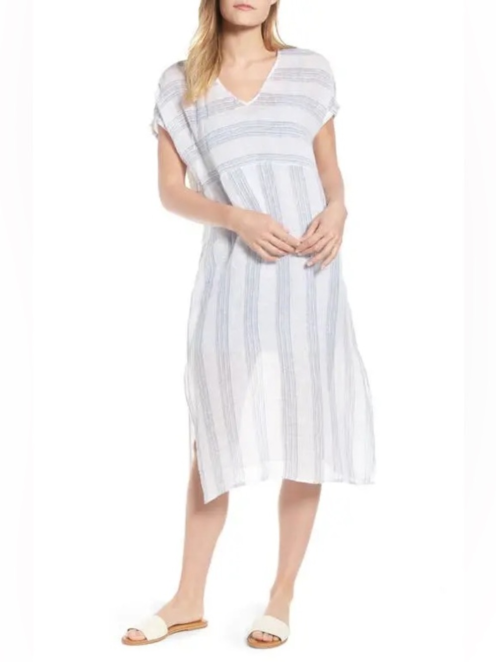 Eileen Fisher Organic Linen Gauze Multistripe Shift Dress White/Blue XXS/XS
